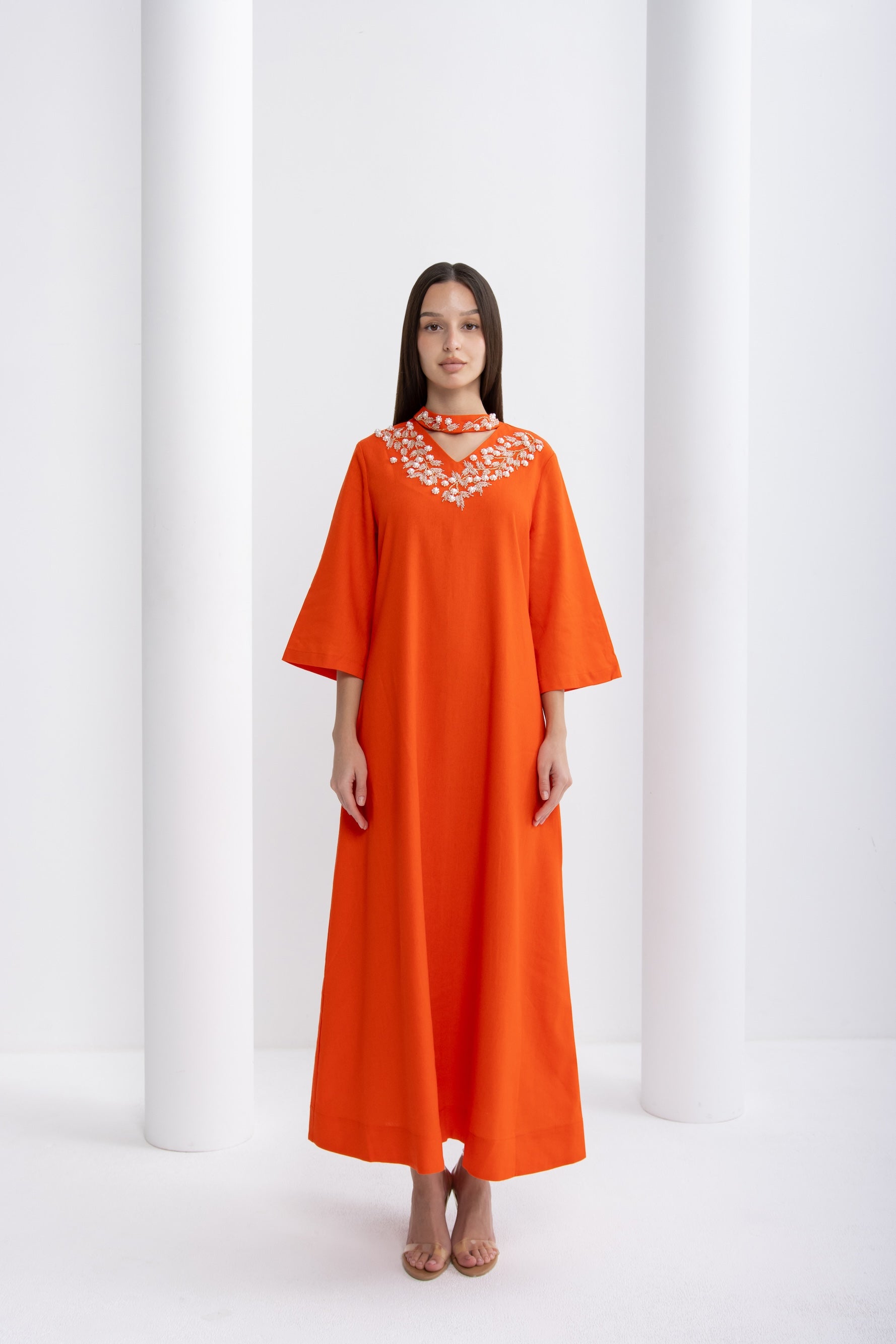 Orange Embellished Collar Jalabiya