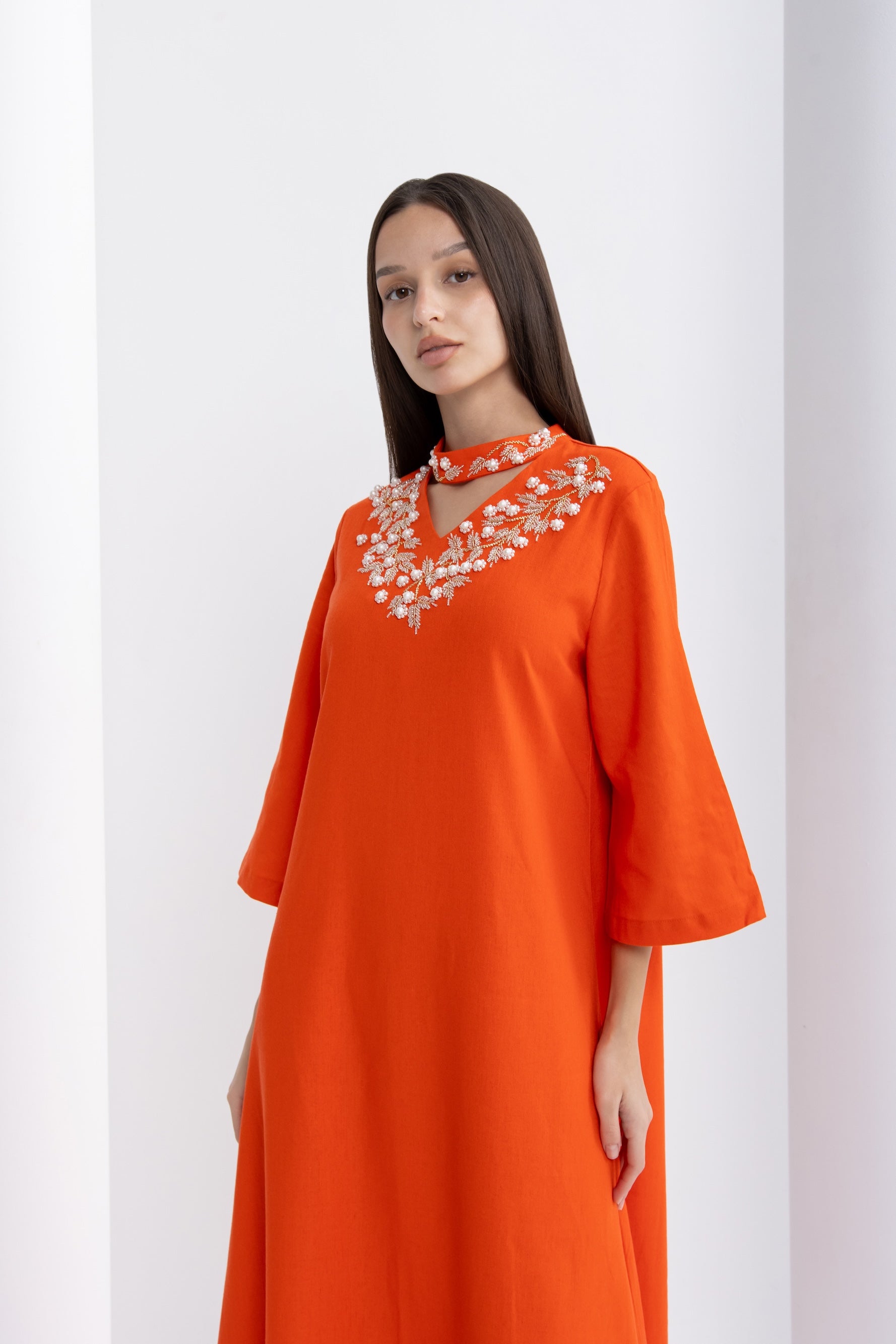 Orange Embellished Collar Jalabiya