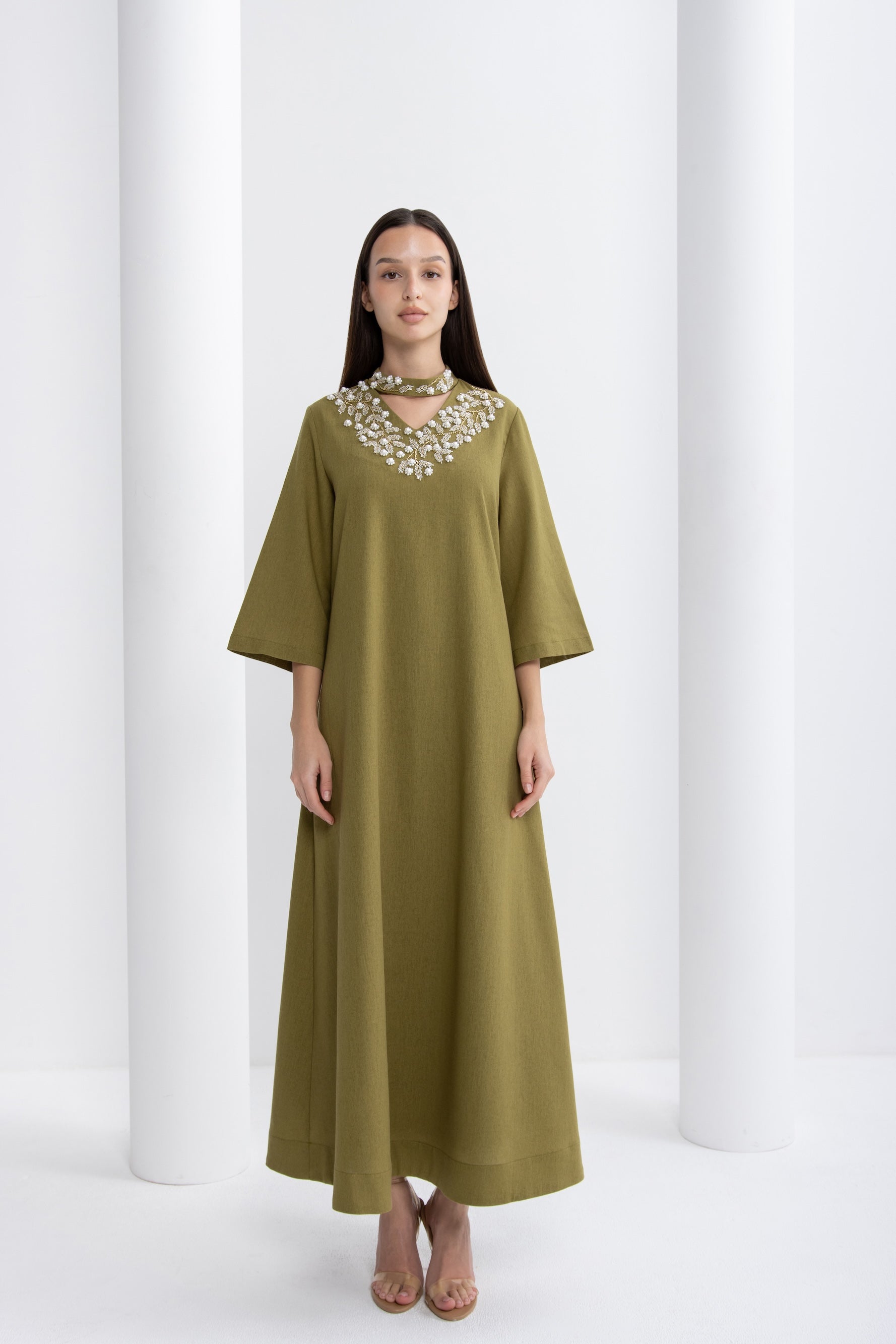 Green Embellished Collar Jalabiya