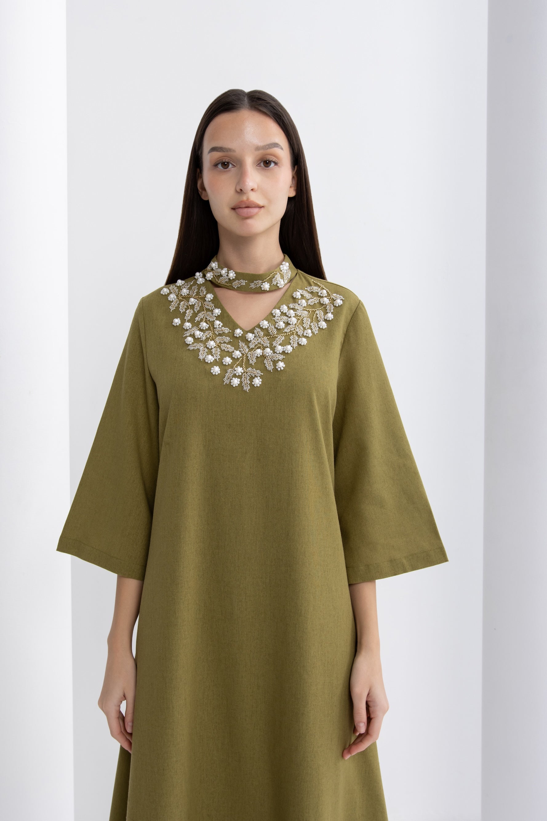 Green Embellished Collar Jalabiya