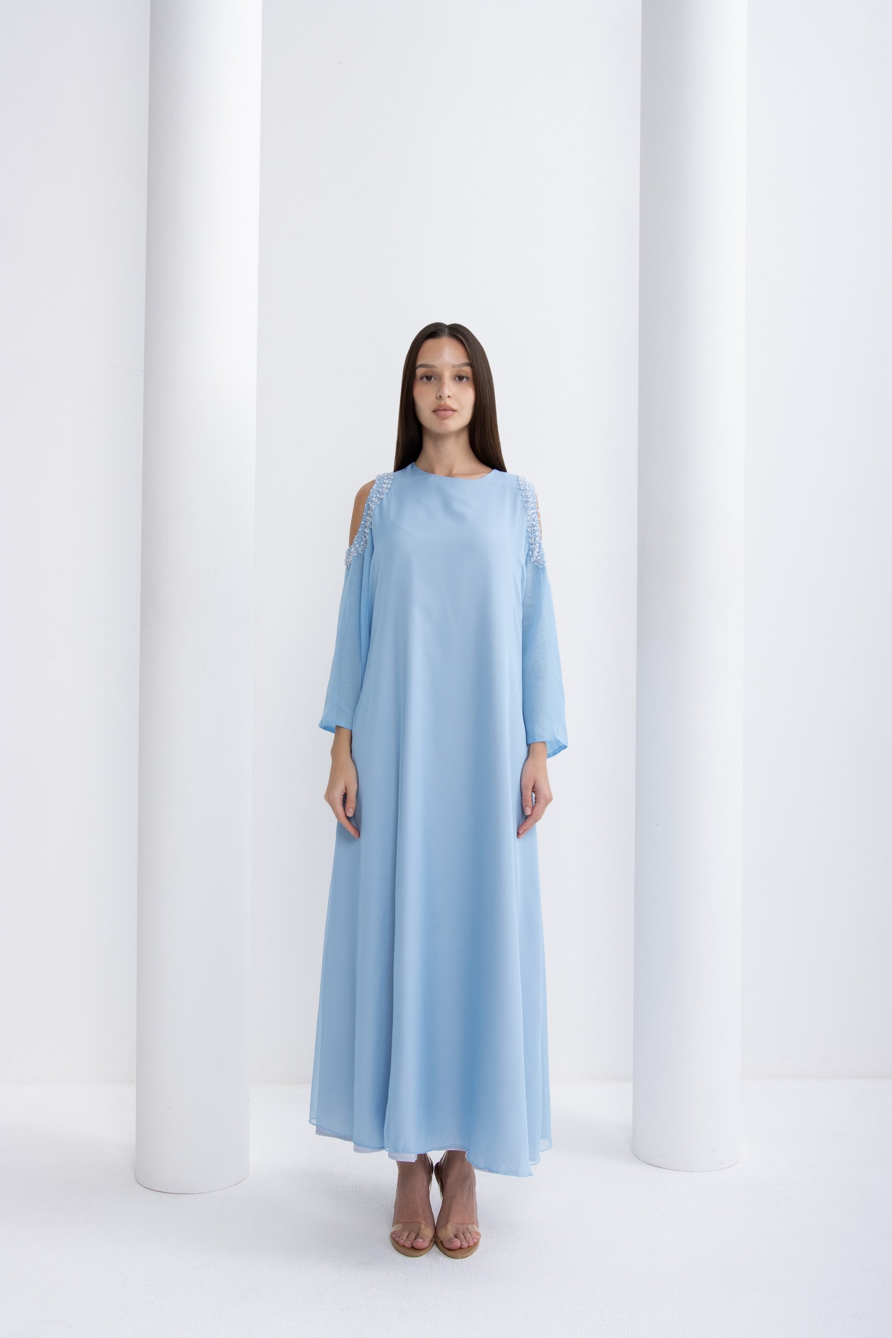 Light Blue Embellished Cold Shoulder Jalabiya