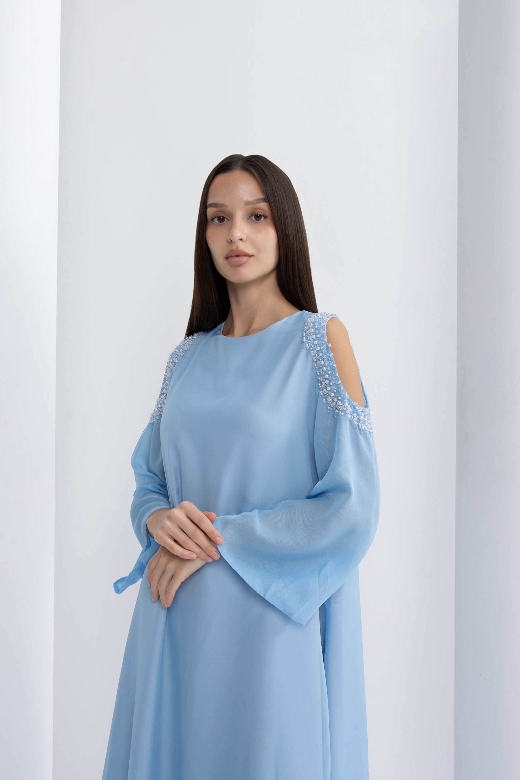 Light Blue Embellished Cold Shoulder Jalabiya