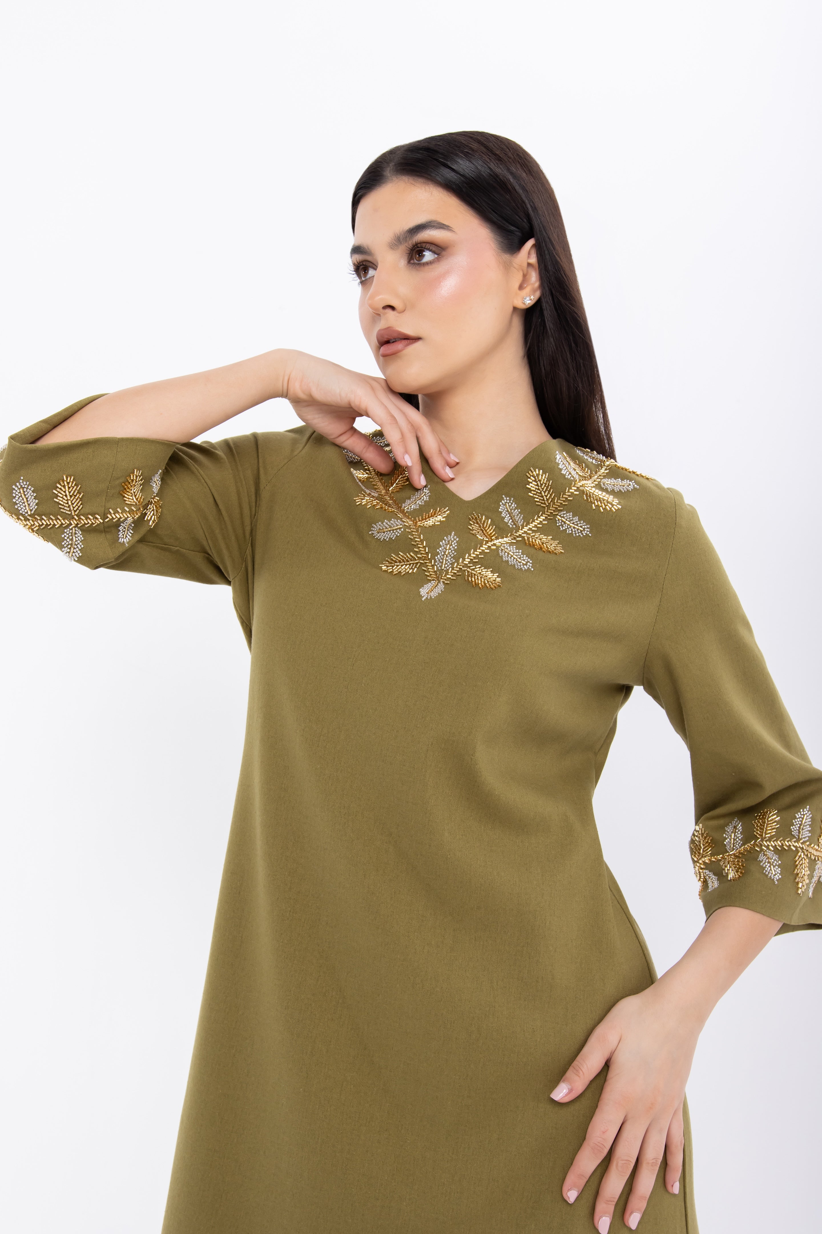 Olive Jalabiya with Embellishment