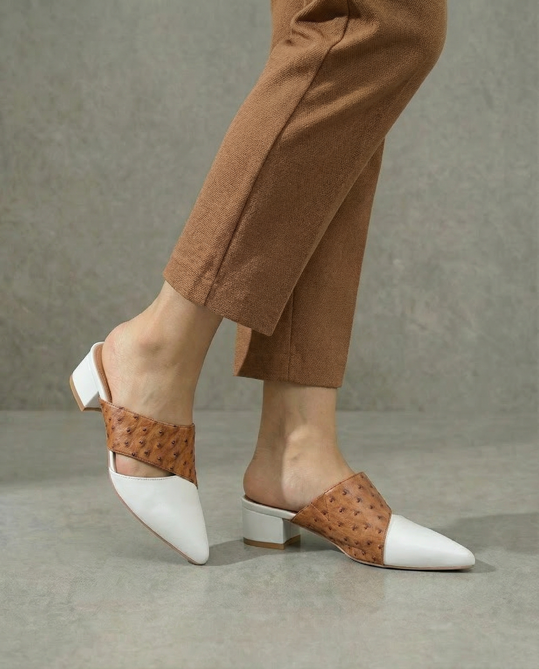 Brown Ostrich Color Block Short Heels
