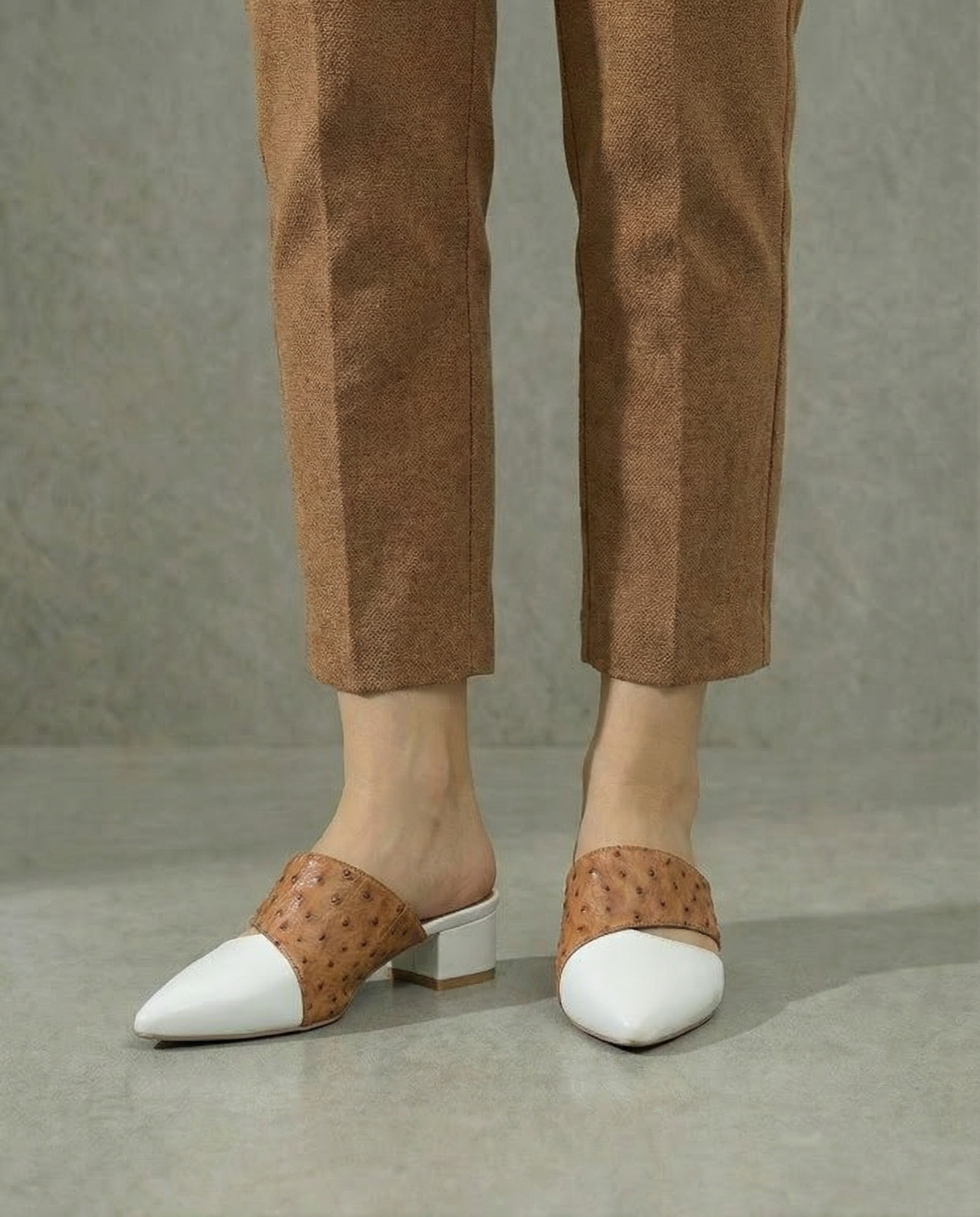 Brown Ostrich Color Block Short Heels