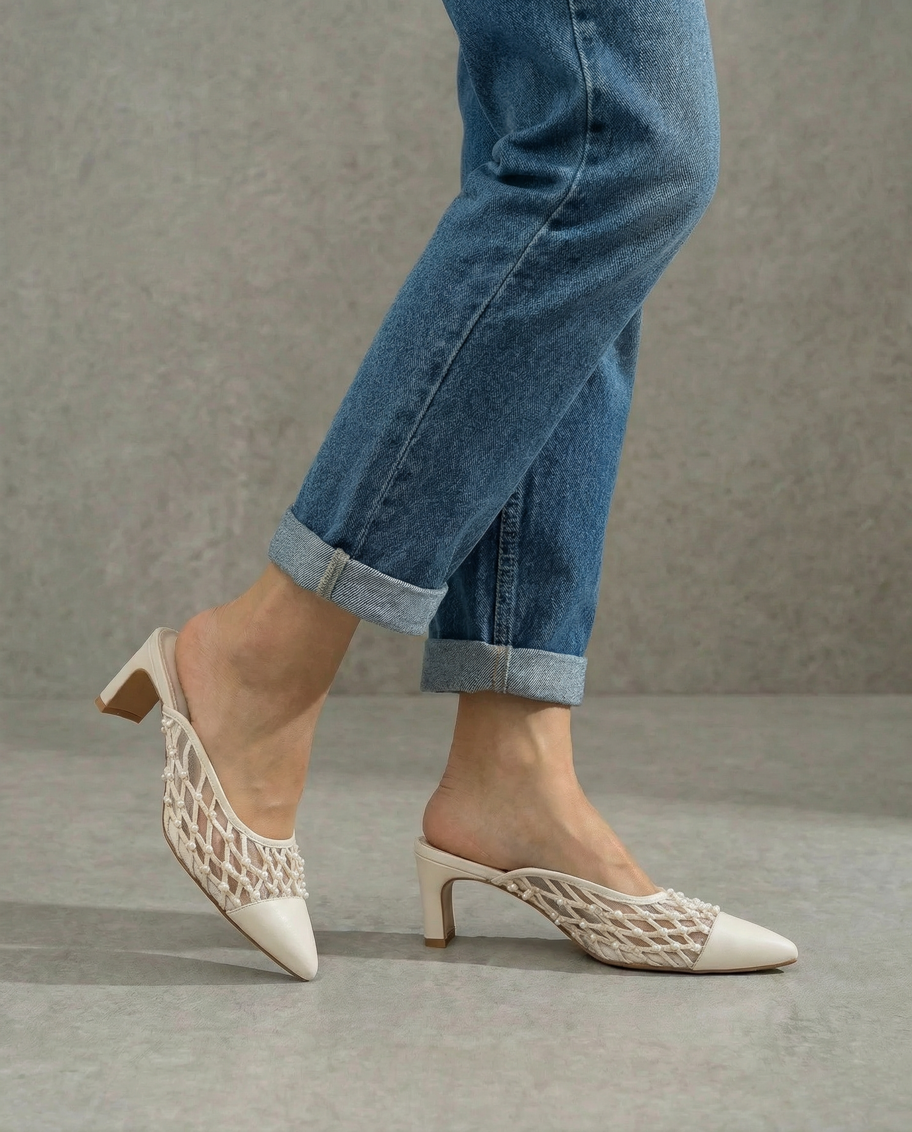 Cream Netted Leather Slip-ons