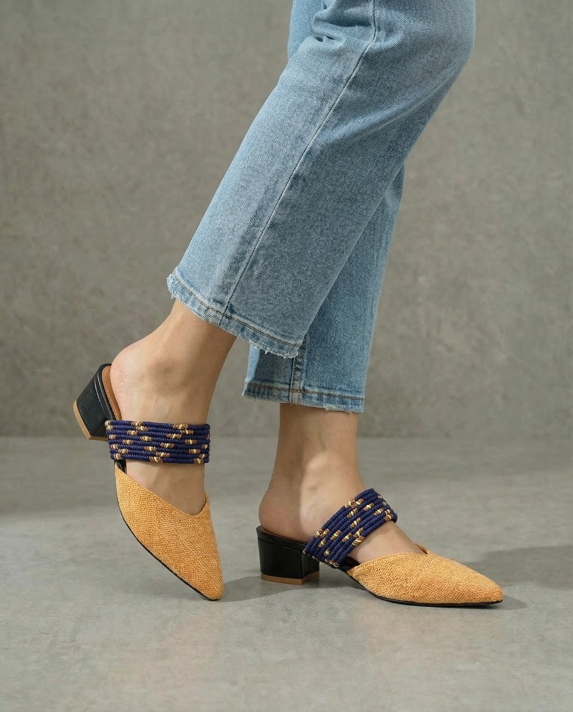 Purple Orange Fabric Short Heels with Strap
