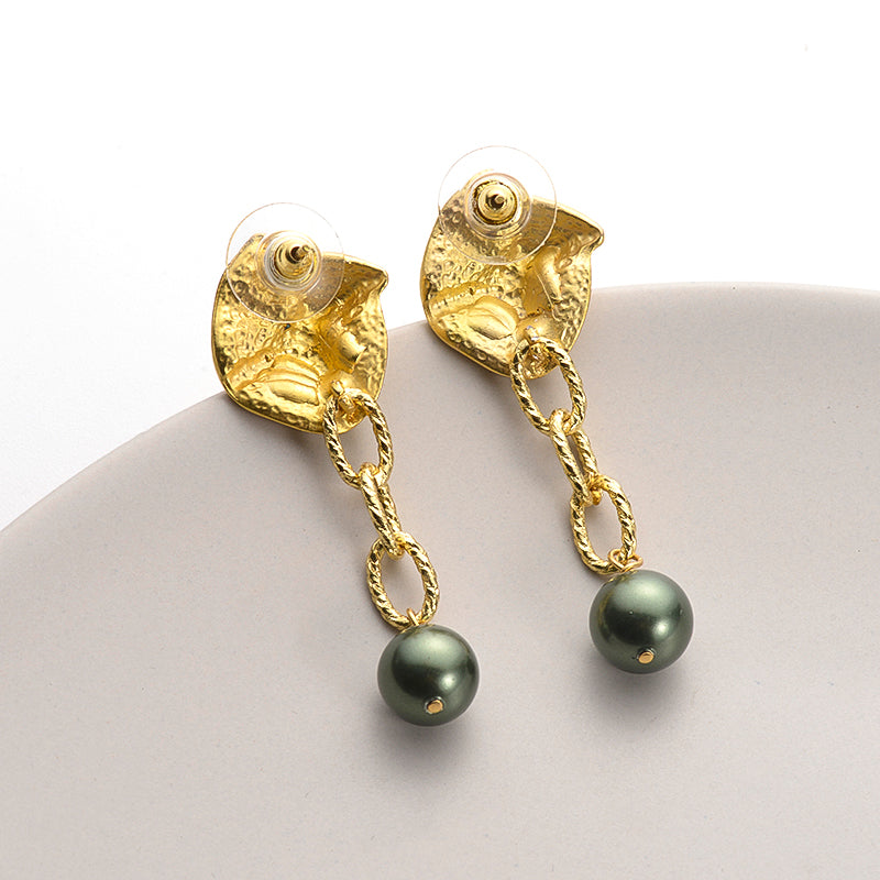 Gold Drop Earrings with Green Pearl