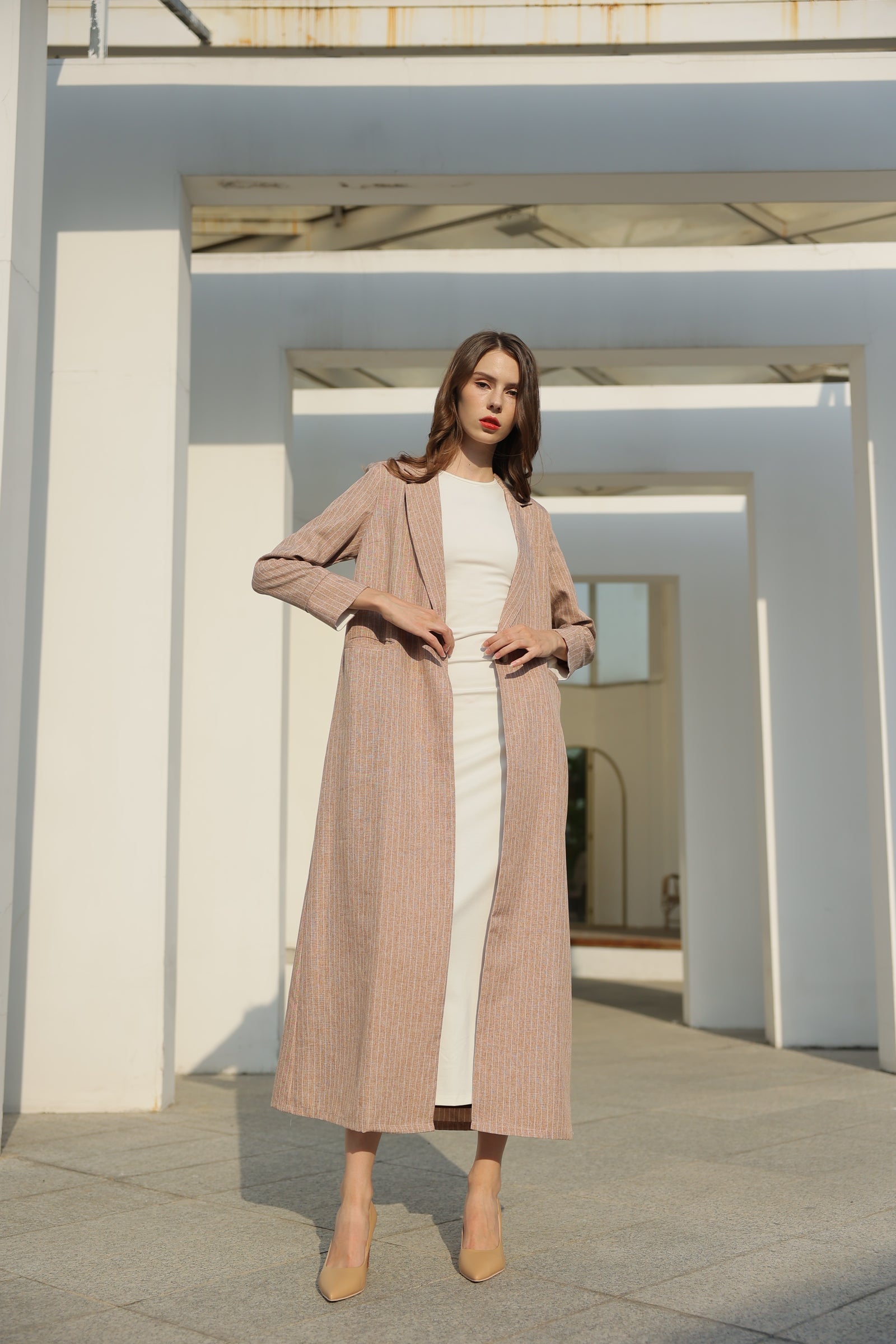 Stone Beige Formal Striped Suit Abaya