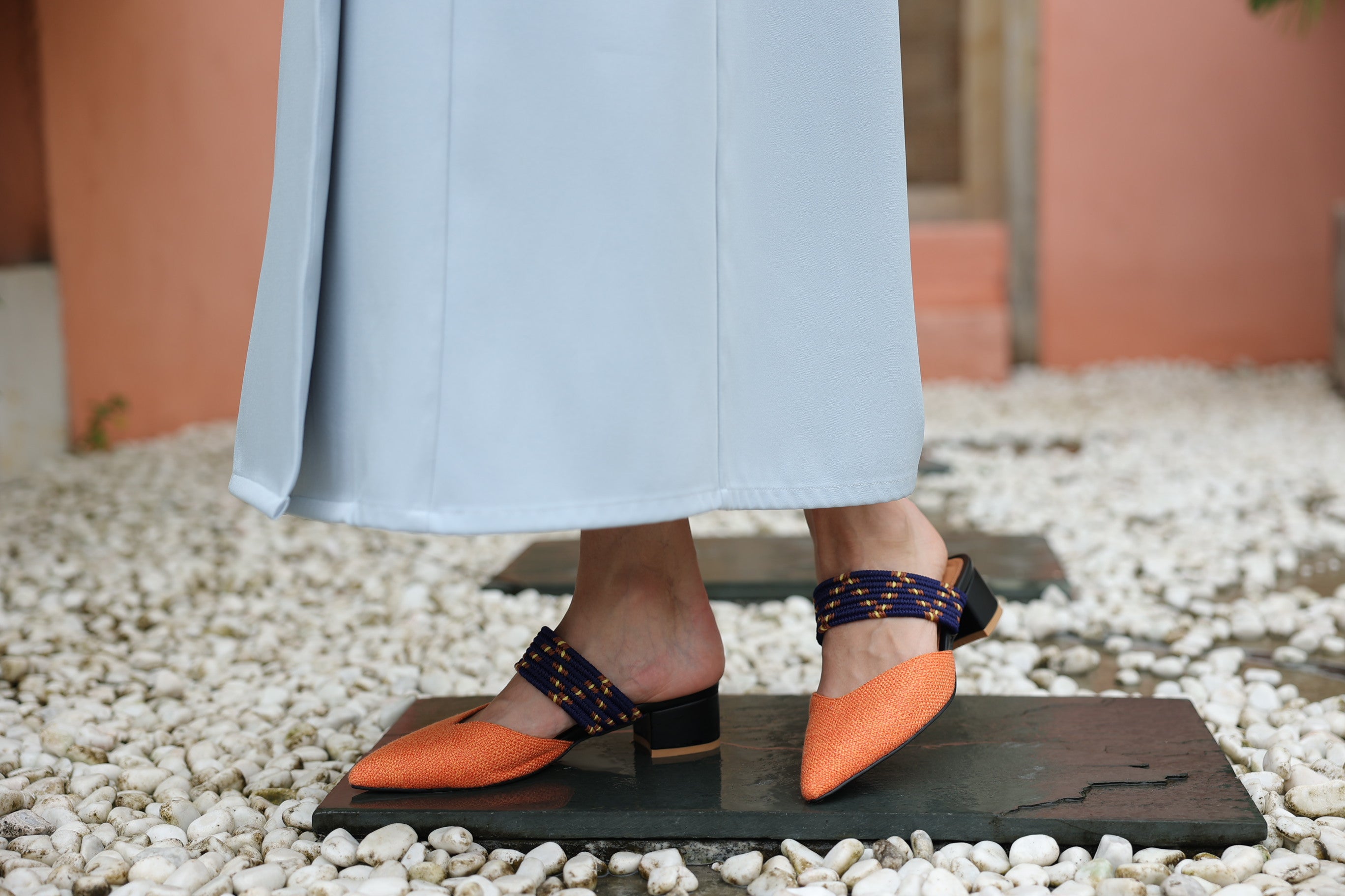 Purple Orange Fabric Short Heels with Strap