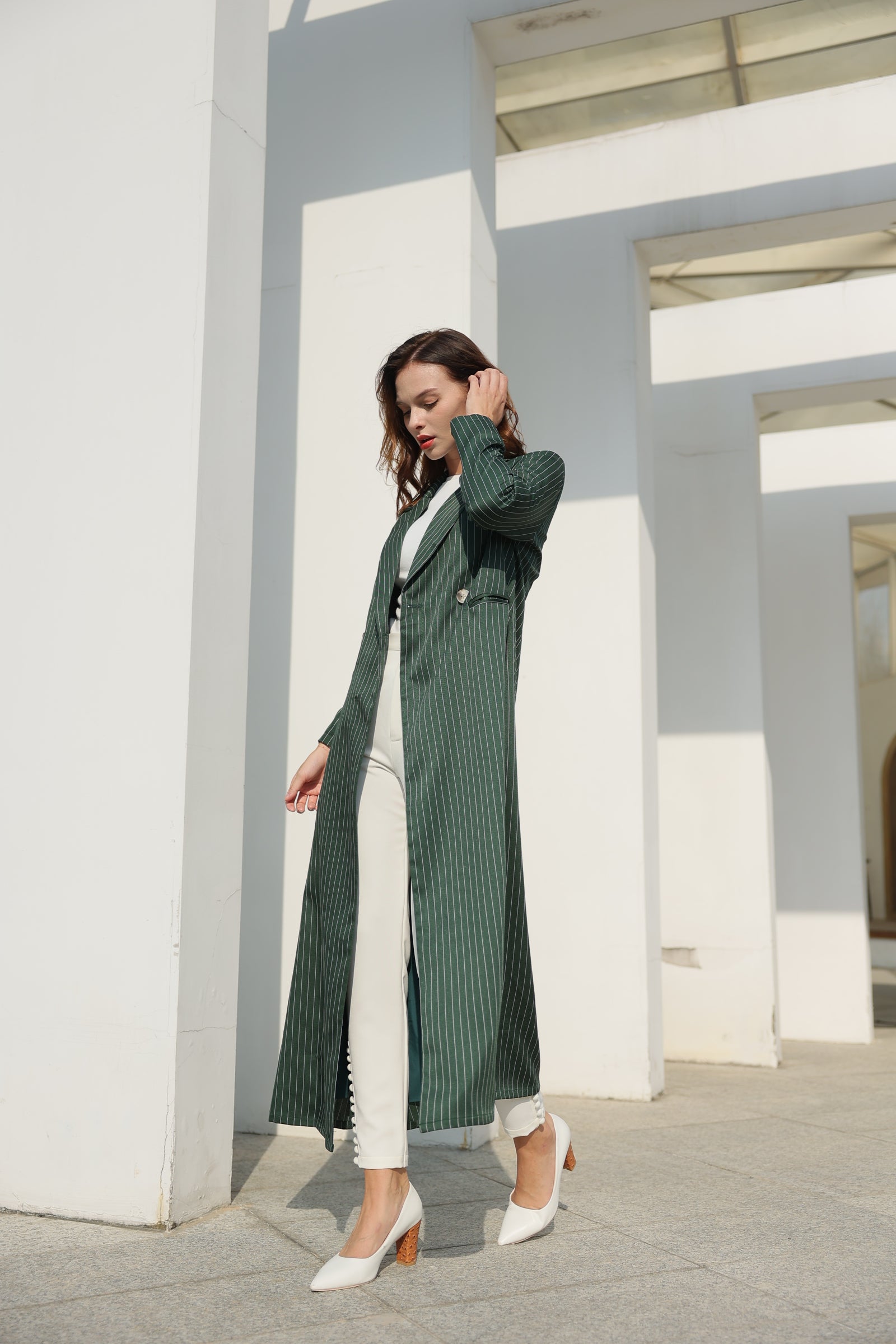 Fern Green Striped Suit Abaya