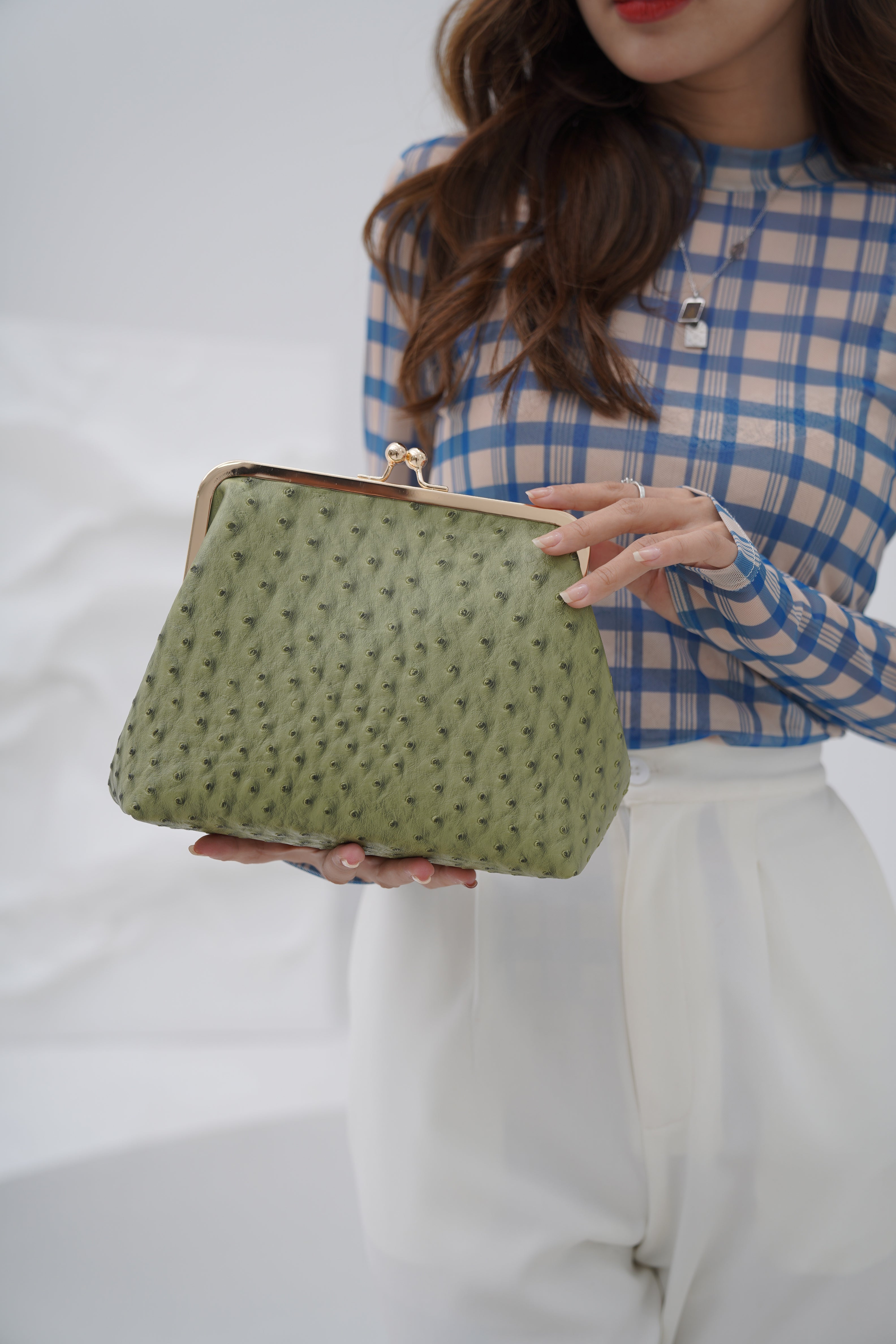 Metal Lock & Kiss Clutch in Olive