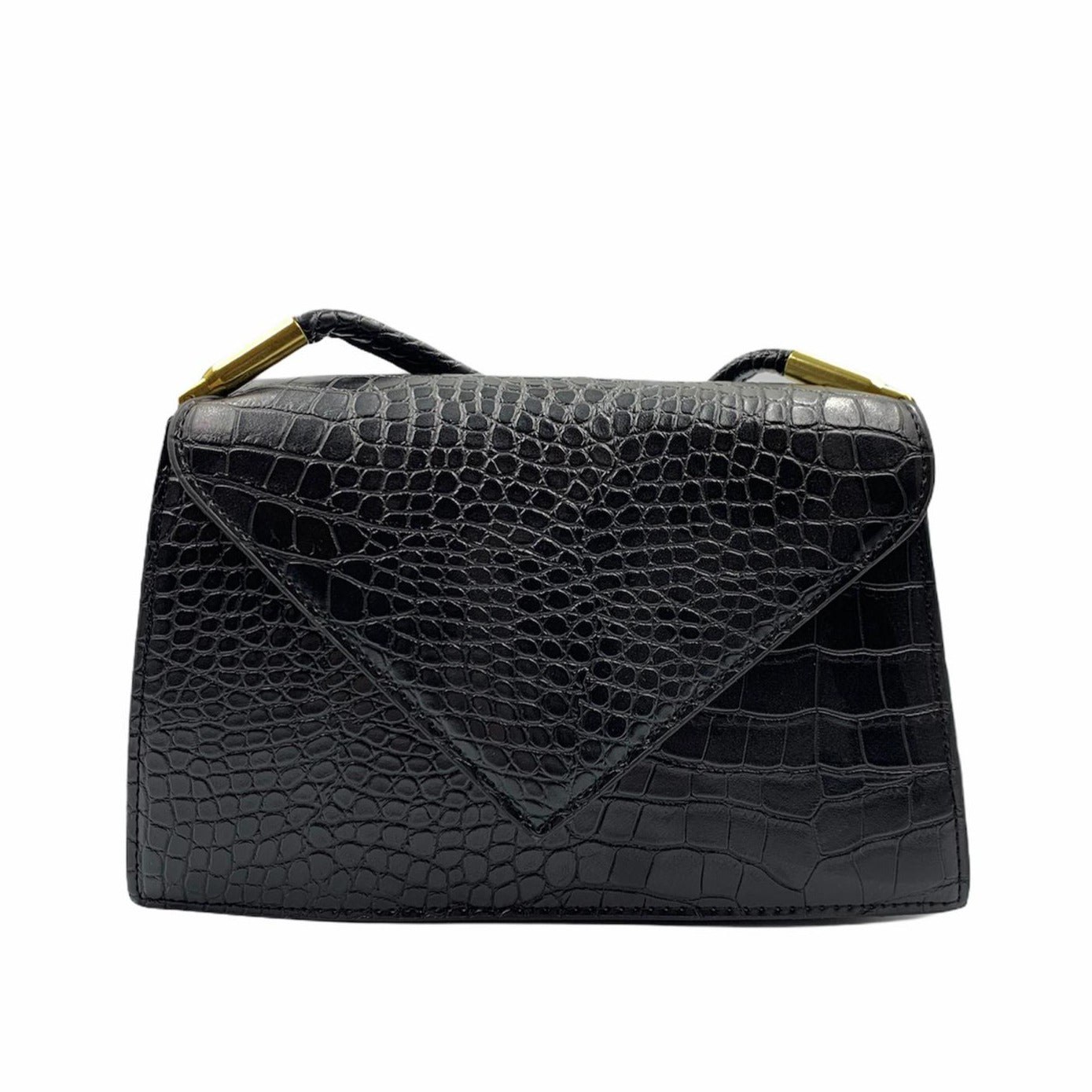 حقيبة من جلد التمساح مع تفاصيل ذهبية - باللون الأسود