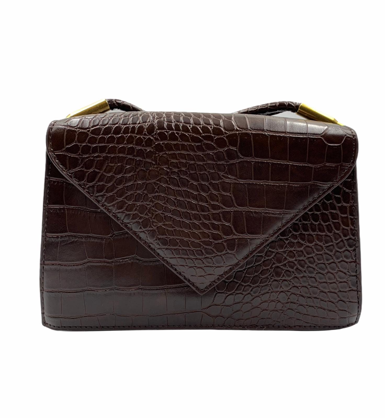 Brown Crocodile Leather Bag with Gold detail