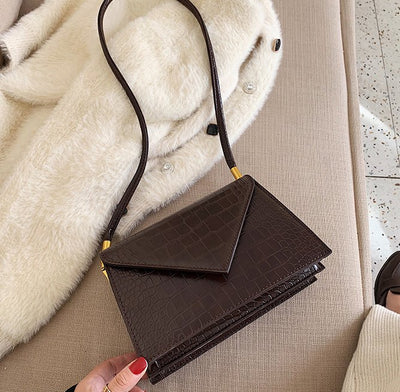 Brown Crocodile Leather Bag with Gold detail