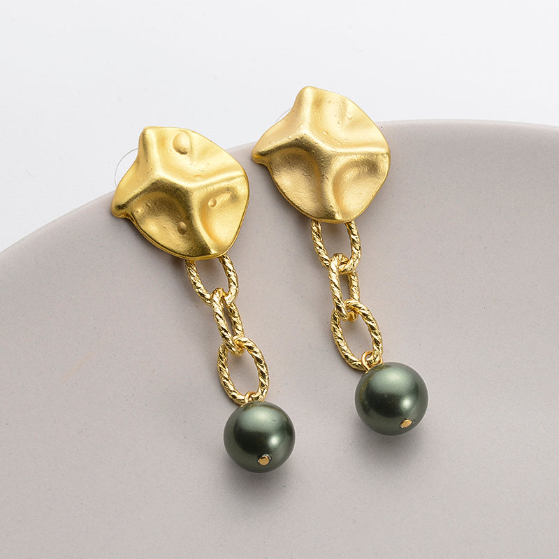 Gold Drop Earrings with Green Pearl